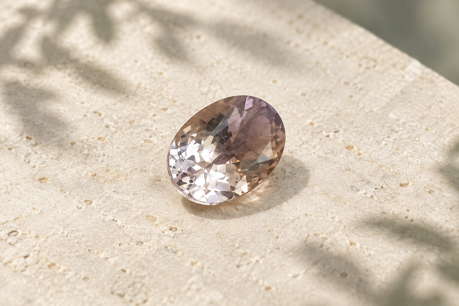 淡い紫とシャンパン色の表情を見せる楕円形のアメトリン