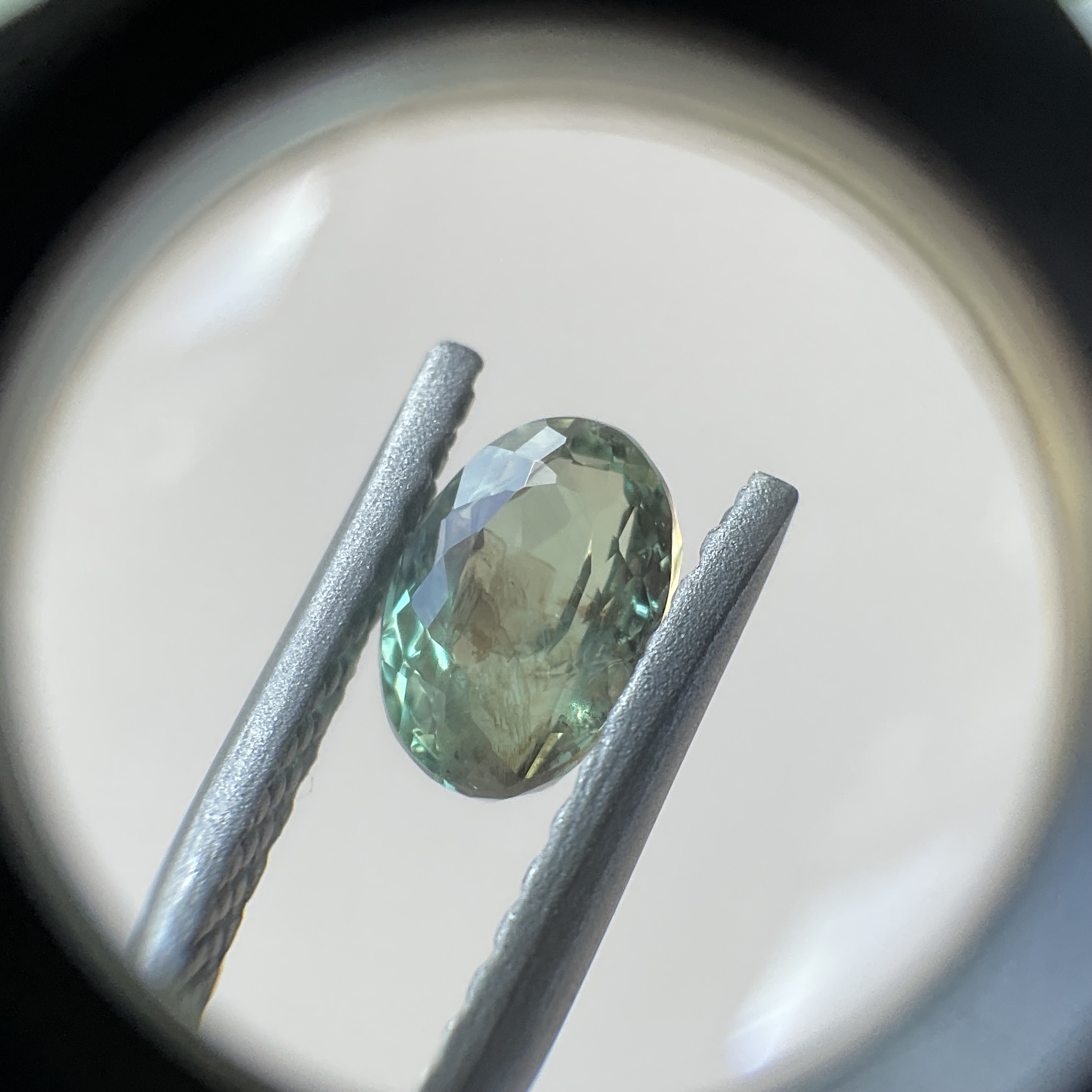 ピンセットで持った緑がかった楕円形のルース